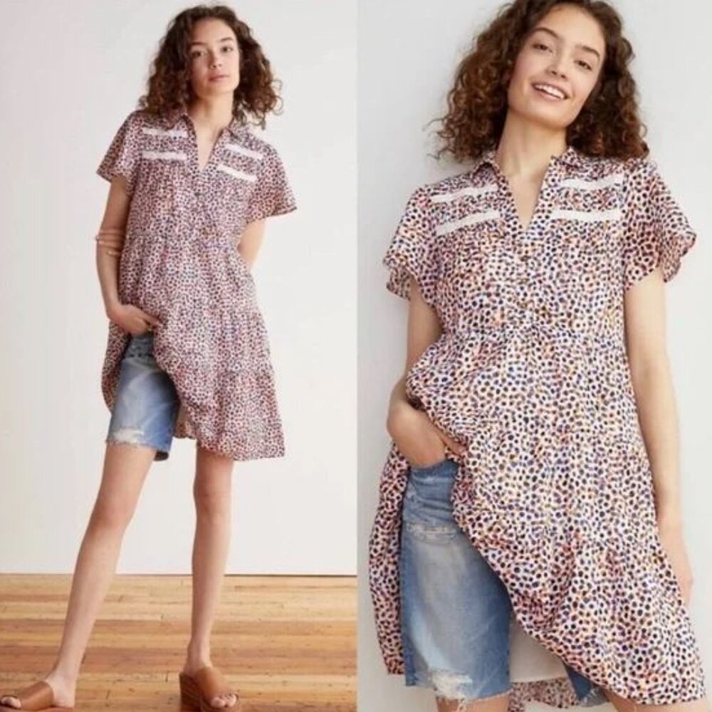 Anthropologie Georgina Tiered Shirtdress | WITH POCKETS Orange Blue | Size Small
